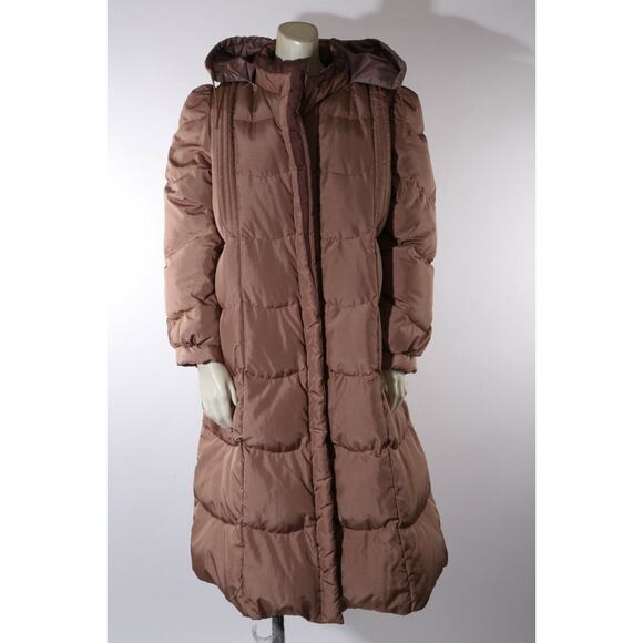 Vintage Beige Down Puffer Long Coat Jacket Quilted Leather Belt Warm Size L - Picture 11 of 12